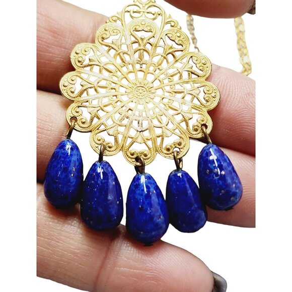 Older Filigree Pendant Necklace With Murano Glass Drop (A1675) - Picture 2 of 5